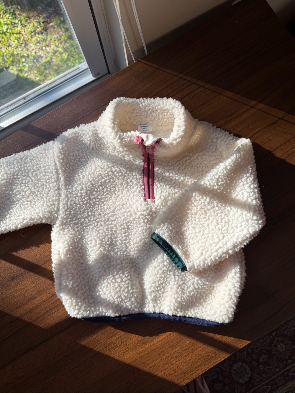 GAP Cream Sherpa Pullover with Pink Zip and Green Trim